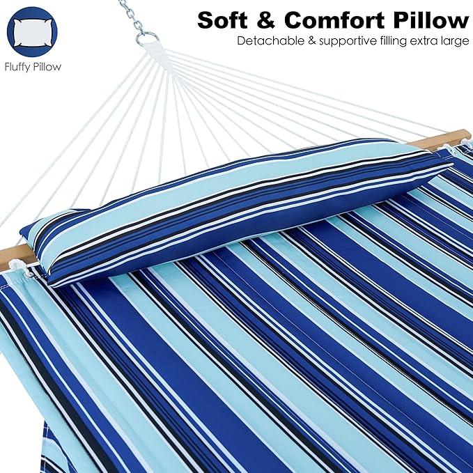 GAFETE Hammock 2 Person Quilted Fabric Hammocks for Outside Double 12ft Hammocks with Spreader Bar Large Removable Pillow Storage Bag Carabiners Max 475 lbs Capacity (Catalina Beach)