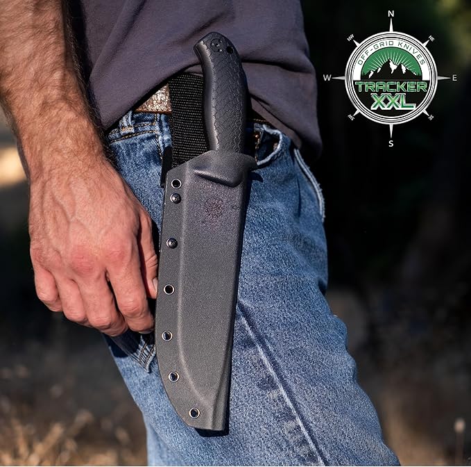 Off-Grid Knives - TRACKER-XXL Fixed Blade Knife Cryo D2 Blade Steel G10 Scales Kydex Sheath OG Lo-Pro Belt Attachment Chopping Camping Bushcraft Hunting Survival (Blackout)