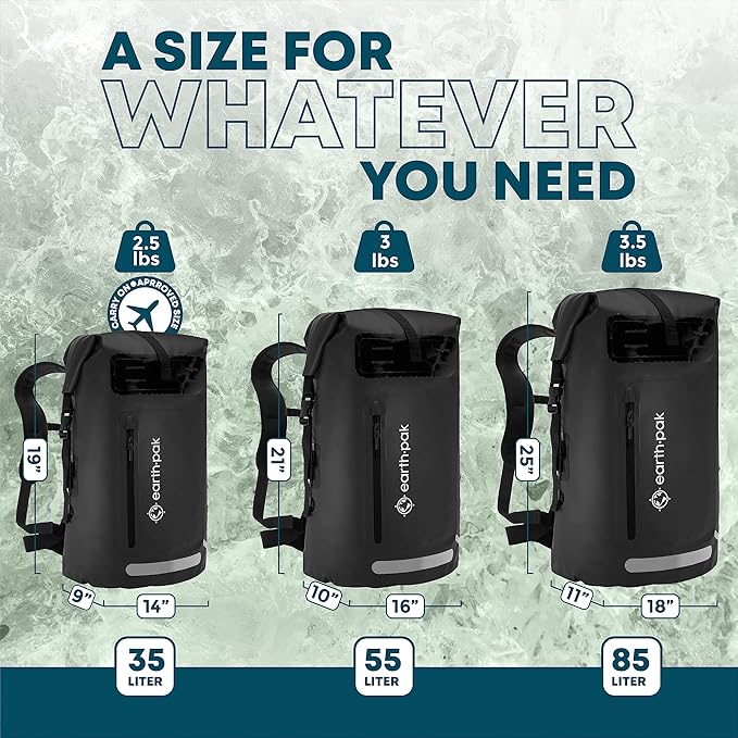 Earth Pak Waterproof Backpack - Heavy Duty Roll-Top Closure with Easy Access Front-Zippered Pocket and Cushioned Padded Back Panel for Comfort with IPX8 Waterproof Phone Case