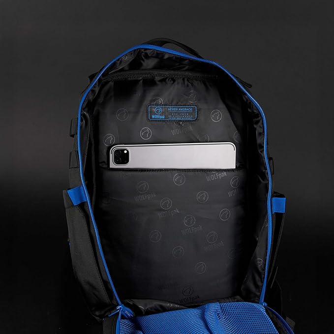 WOLFpak 25L Athletic Gym Backpack - Durable 1000D Waterproof Oxford Material with MOLLE Webbing Laptop Pocket &amp Dual Cup Holders Durable Fitness/Travel/Military Daypack (Blue Wolf)