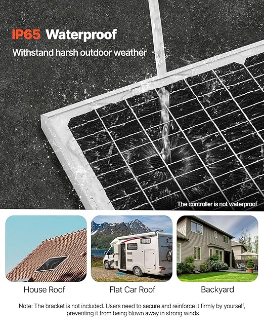 VEVOR 50W 12V Solar Battery Charger Maintainer Mono Solar Panel Trickle Battery Charger with Upgraded MPPT Controller IP65 Waterproof for Car Boat RV Trailer Flat Rooftop (Bracket Not Included)