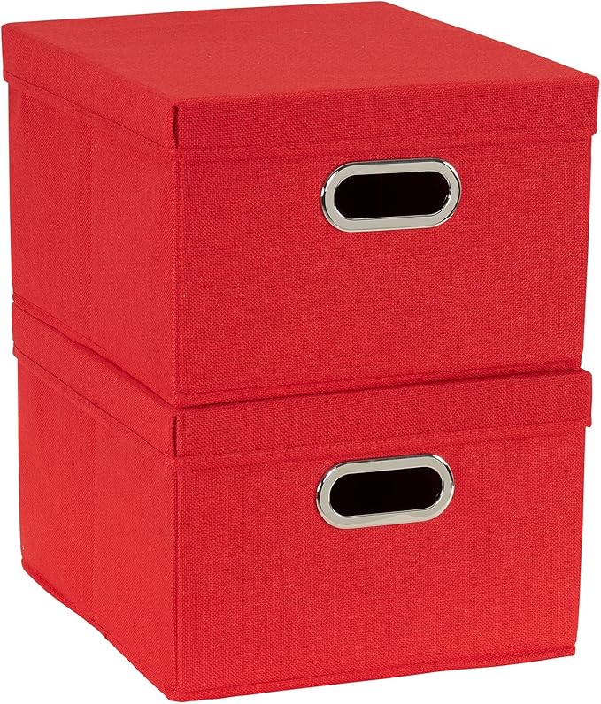 Household Essentials Storage Bins with Lids and Chromed Grommet Handles Set of 2 Textured Linen Look Red