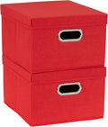 Household Essentials Storage Bins with Lids and Chromed Grommet Handles Set of 2 Textured Linen Look Red