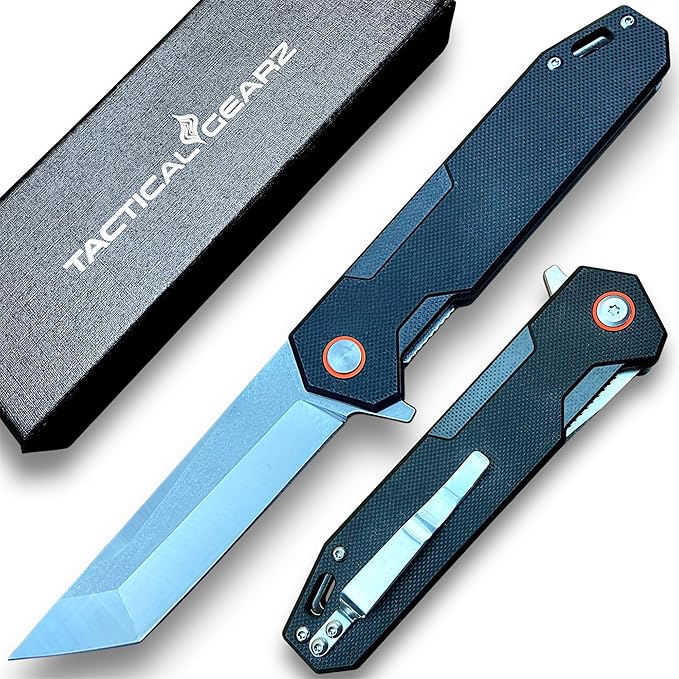 TACTICAL GEARZ Pocket Folding Knife for EDC G10 Handle D2 Steel Tanto Blade Includes Sheath (Vinx)