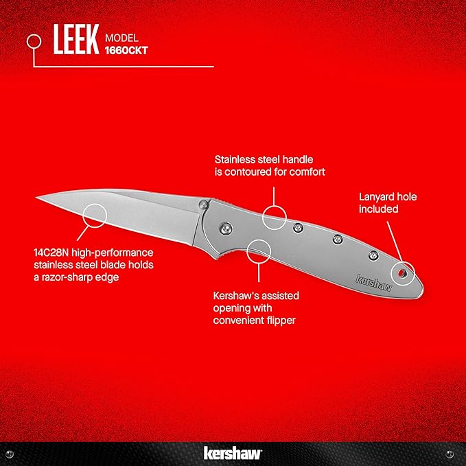 Kershaw Leek BlackWash Pocket Knife (1660BLKW) 3 Sandvik 14C28N Steel Blade 410 Stainless Steel Handle BlackWash Finish SpeedSafe Assisted Open Frame and Tip Locks Reversible Pocketclip 3 OZ