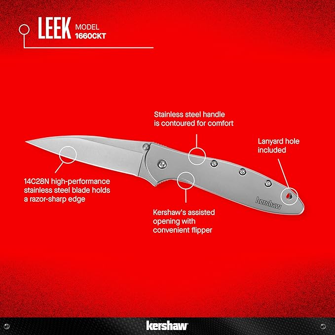 Kershaw Leek Black EDC Pocketknife 3 Sandvik 14C28N Steel Blade Assisted Opening Folding Knife