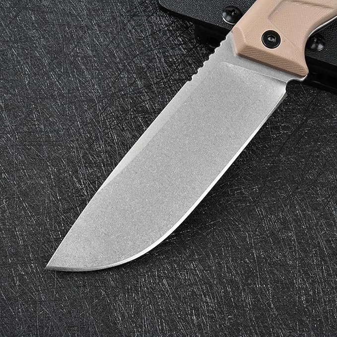 Knives 14C28N Steel Tactical Fixed Blade Knife with kydex sheath G10 Handle for Men EDC Outdoor Camping Survival Hunting (White stone wash+khaki G10)