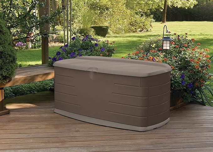Rubbermaid Large Resin Outdoor Storage Deck Box with Seat (90 Gal) Weather Resistant Brown Deck Organization for Home/Backyard/Pool Chemicals/Toys/Garden Tools/Porch/Patio Cushions