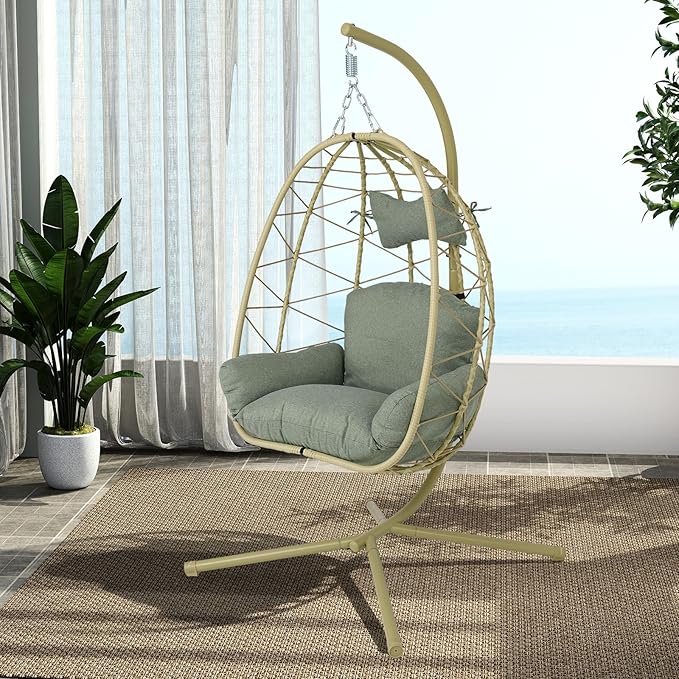 Hanging Egg Chair with Stand Outdoor Indoor Patio Rattan Swing Hammock Chairs with Washable Cushion PE Wicker Swing Chair for Backyard Bedroom Garden (Cyan + Dark Green Cushion No Footrest)