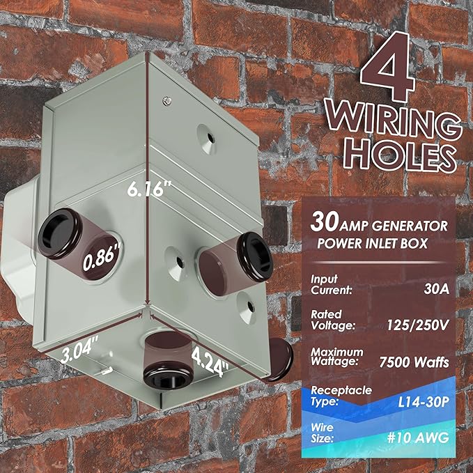 CircleCord 4 Prong 20 Feet 30 Amp Generator Extension Cord and Inlet Box with Locking Connector Heavy Duty NEMA L14-30P/L14-30R 125/250V 7500W 10 Gauge SJTW Generator to House Power Cord