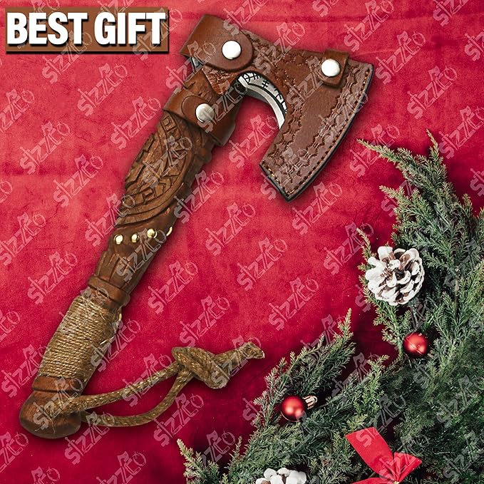 Custom Gift Forged Carbon Steel Viking Style Axe Bearded Axe with Rose Wood Shaft Tomahawk - Real Hatchet Best Gift for Christmas Anniversary Valentine's Day Birthday Premium Leather Sheath