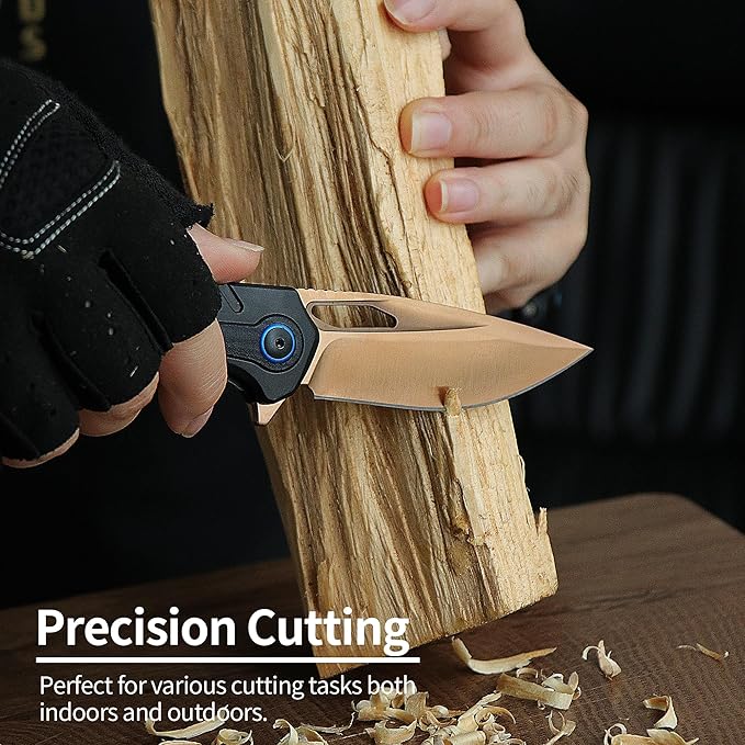Unique Valentine‘s Gift Gold Blade Pocket Knife 3.3” Gold D2 Steel Black Aluminum &amp G10 Handle Fast-Open Thumb Hole Gift Case