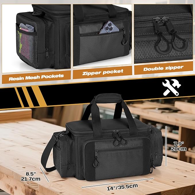 Tactical Tool Bag with Anti-friction Bottom Hand Tool Tote Storage Organizer for Men Small Range Bag for Electricians Carpenters Mechanics and Repairman Black