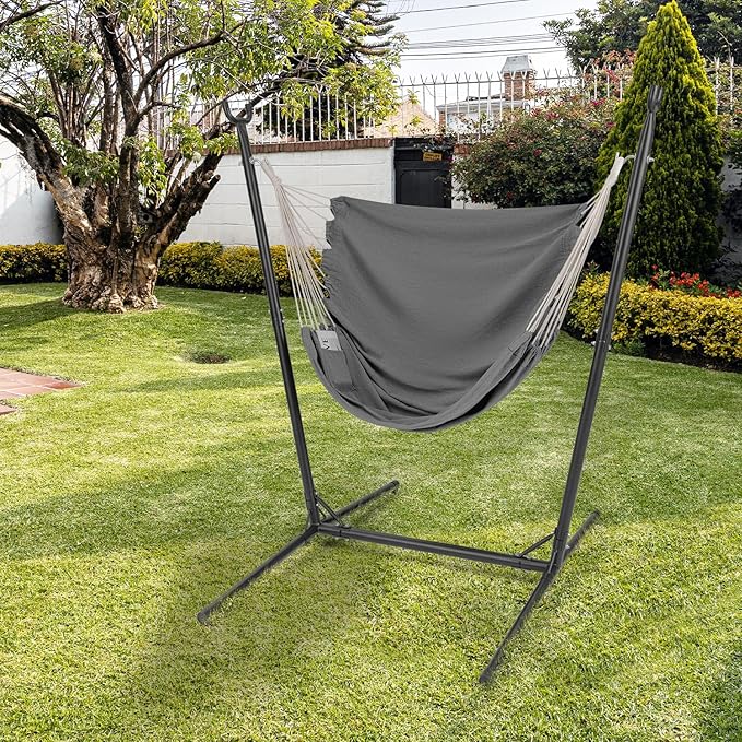Tangkula Adjustable Hammock Chair with Stand Sturdy Swing Chair with 6 Adjustable Positions Storage Pocket Metal Frame Heavy-Duty Hammock for Indoor &amp Outdoor Use (Grey)