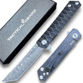 TACTICAL GEARZ Damascus Pocket Folding Knife Solid Tc4 Titanium Handle 67 Multi-Layered Damascus VG10 Steel Tanto Blade (Saint DXT)