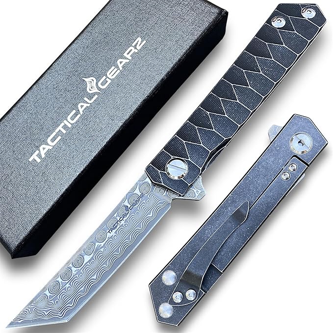TACTICAL GEARZ Damascus Pocket Folding Knife Solid Tc4 Titanium Handle 67 Multi-Layered Damascus VG10 Steel Tanto Blade (Saint DXT)
