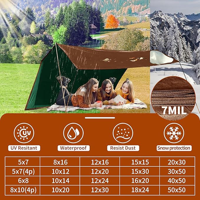 Tarp 30x50 ft 100% Waterproof 7mil Durable Grommets and Reinforced EdgesUv ResistantGreen/Brown TarpEmergency Rain ShelterOutdoor Cover and Camping Use -by MVPNET