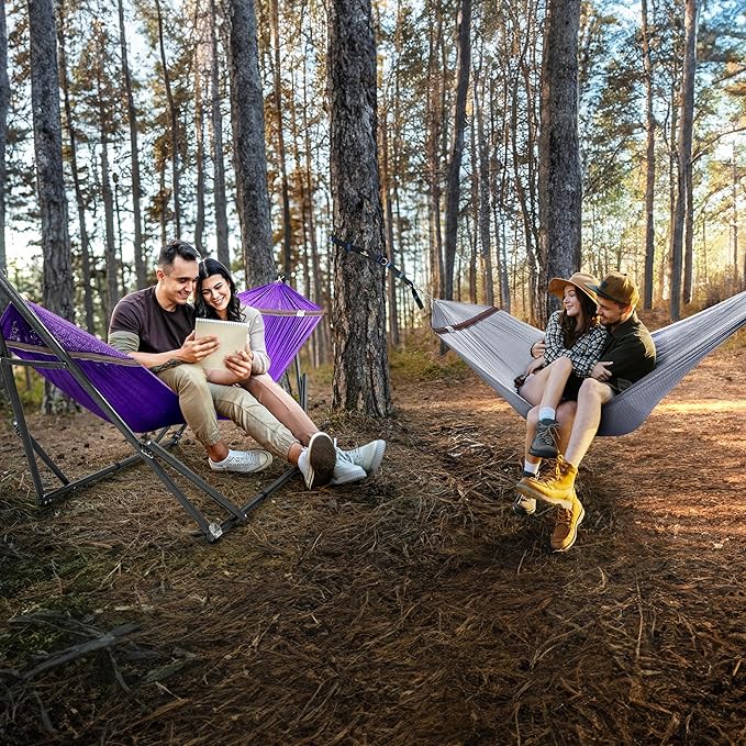 Tranquillo Combo x2 Hammocks with Stand for Outside &amp Tree Straps Heavy Duty Hammock with Stand 600lbs for Indoor Outdoor Patio Backyard x2 Hammocks for 2 Person (Combo - Purple Medium)
