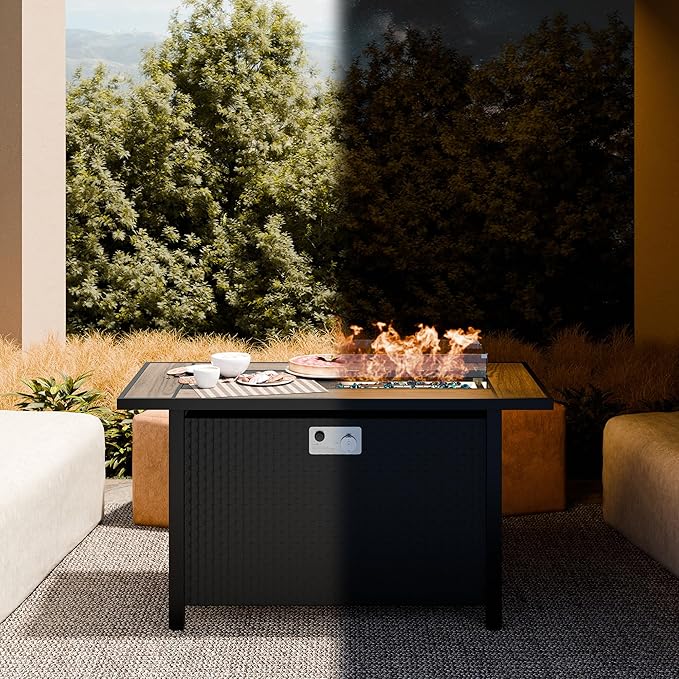 45 Inch Propane Fire Pit Table 50000 BTU Outdoor Gas Fire Pit for Patio &amp Backyard 2-in-1 Firepit Dining Table with Glass Wind Guard Blue Glass Rocks &amp Waterproof Cover Walnut
