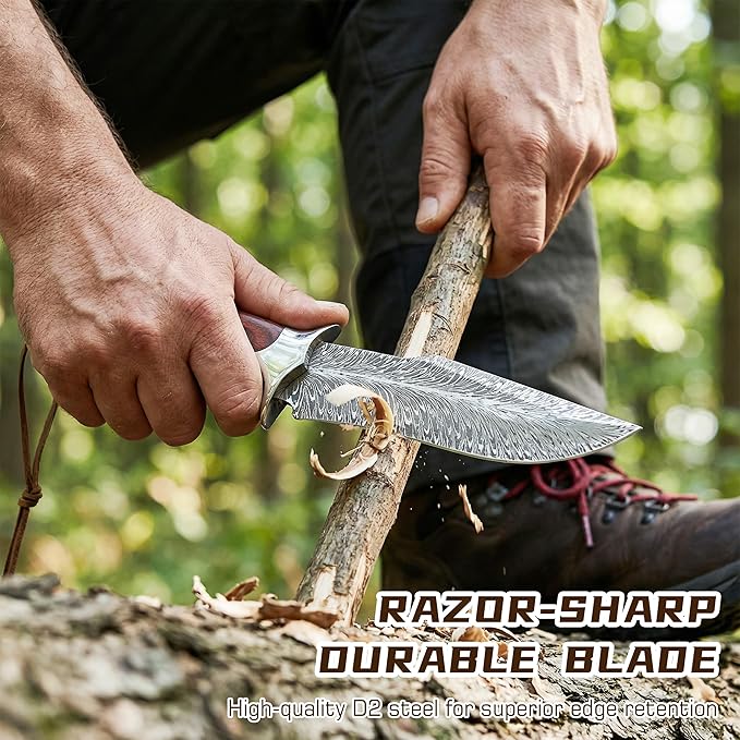 Hunting Knife with 4Cr13MoV Steel Blade &amp Wooden Handle - 10” Full Tang Fixed Blade for Outdoor Survival Camping BushcraftIncludes Leather Sheath