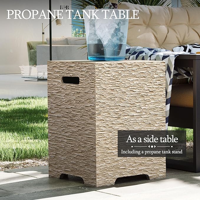 UPHA 42-inch Outdoor Propane Gas Fire Pit Table 50000 BTU Concrete Round FirePit for Outside Patio with Propane Tank Cover Wind Guard Blue Glass Rocks Rain Cover Beige