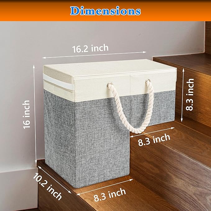 2 PACK | Stair Basket Organizer with Top Lid for Carpeted Stairs &amp Wooden Staircases. Versatile Sturdy Linen Storage Bag for Climbing Laundry &amp Shoe