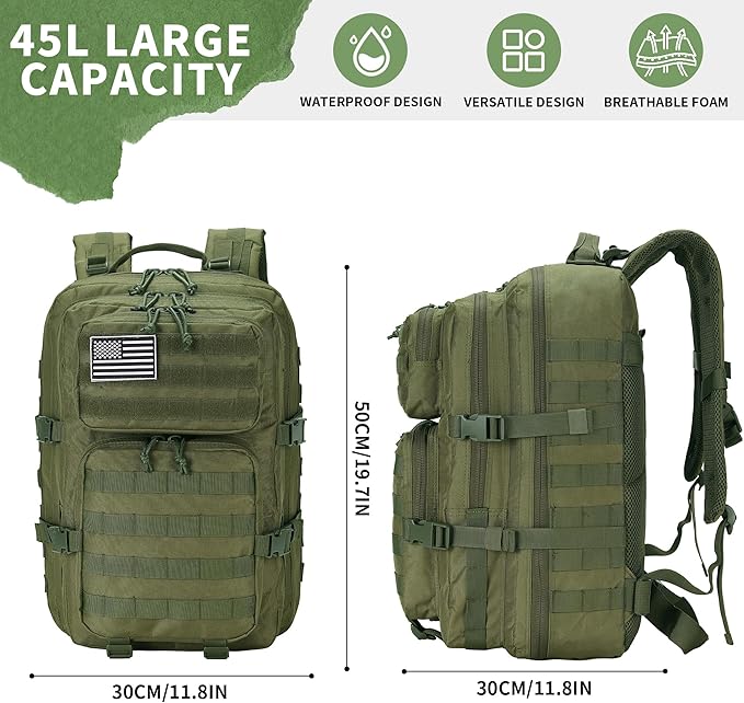 45L Military Tactical Backpacks 3 Days Assault Pack Bag Fitness Rucksack 3 Day Bug Out Bag Hiking Treeking Molle Daypack (ArmyGreen)