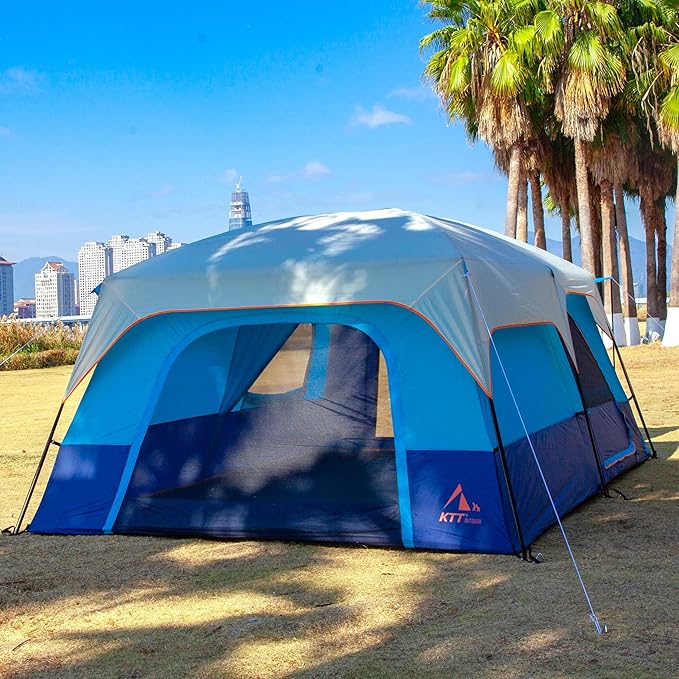 KTT Extra Large Tent 10-12-14 Person(B)Family Cabin Tents2 Rooms3 Doors and 3 Windows with MeshStraight WallWaterproofDouble LayerBig Tent for OutdoorPicnicCampingFamily Gathering