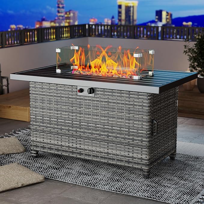 LHBcraft 44 Inch Propane Fire Pit 50000 BTU Fire Pit Table with Glass Wind Guard and Lid Gas Fire Pits for Outside Patio and Garden(Grey)