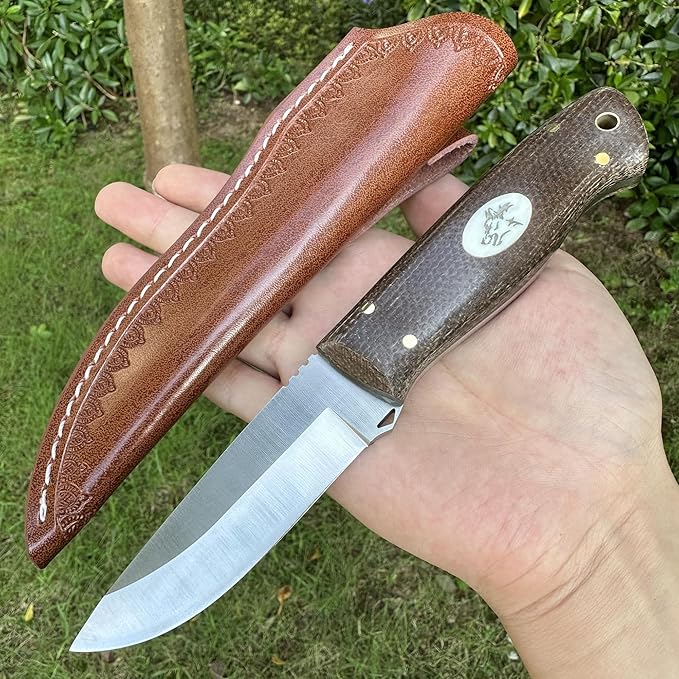 Fixed Blade Knife with Leather 3.54 D2 Steel Survival Knives for Camping Bushcraft Hunting Ergonomic Flax Handle Outdoor Survival Gear Gift for Men