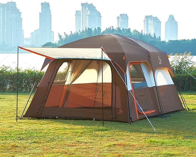 KTT Large Tent 6-8-10-12 PersonFamily Cabin Tents2 Rooms2 Doors and 4 Windows with MeshStraight WallWaterproofDouble LayerBig Tents for OutdoorPicnicCampingFamily Gathering