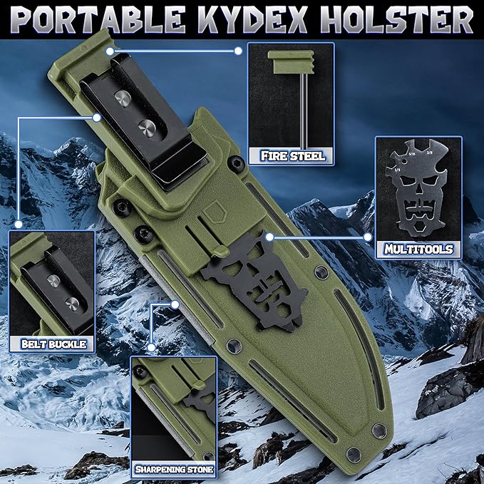 Purple Dragon Fixed Blade Knife with Kydex Sheath Green Knives for Camping Gifts for Men