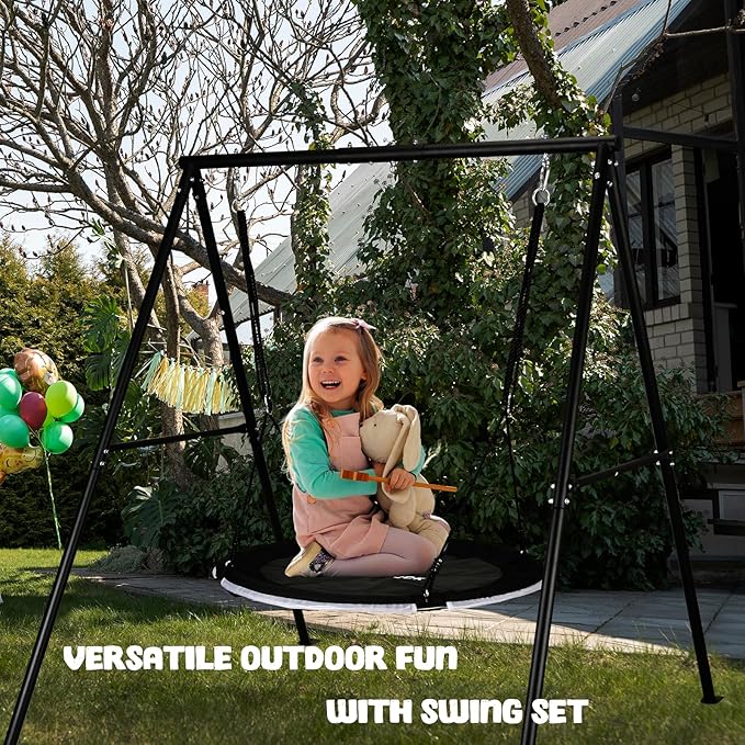 440lbs Swing Set for Backyard with 40 inch LED Saucer Swing and Heavy-Duty A-Frame Metal Stand Swing Set Outdoor for Kids