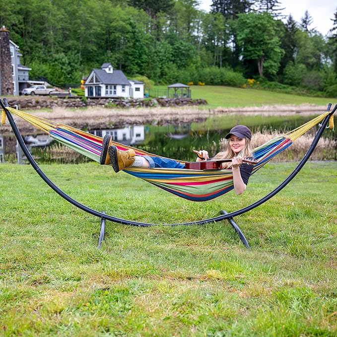 SUNCREAT Portable Large Hammock with Stand Two Person Hammock with Stand Included Rainbow Stripes