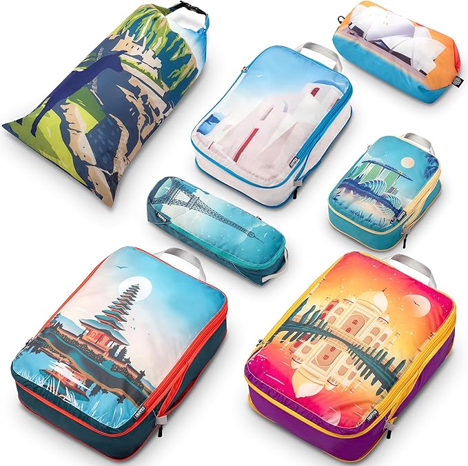 Large Compression Packing Cubes for Travel-Packing Cube Luggage Organizers 7 Piece Set for Checked Luggage-Ultralight Expandable/Compression Bags by TRIPPED Travel Gear (Bucketlist)