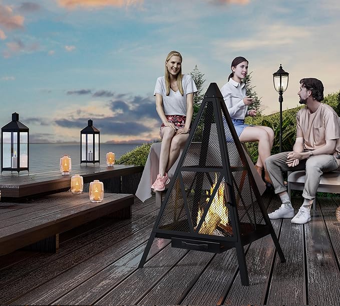 Kingson Pyramid Fire Pit Heavy-Duty Steel Smokeless Wood Burning Fire Bowl for Outdoor Patio Garden Backyard Bohemian &amp Meditation Decor