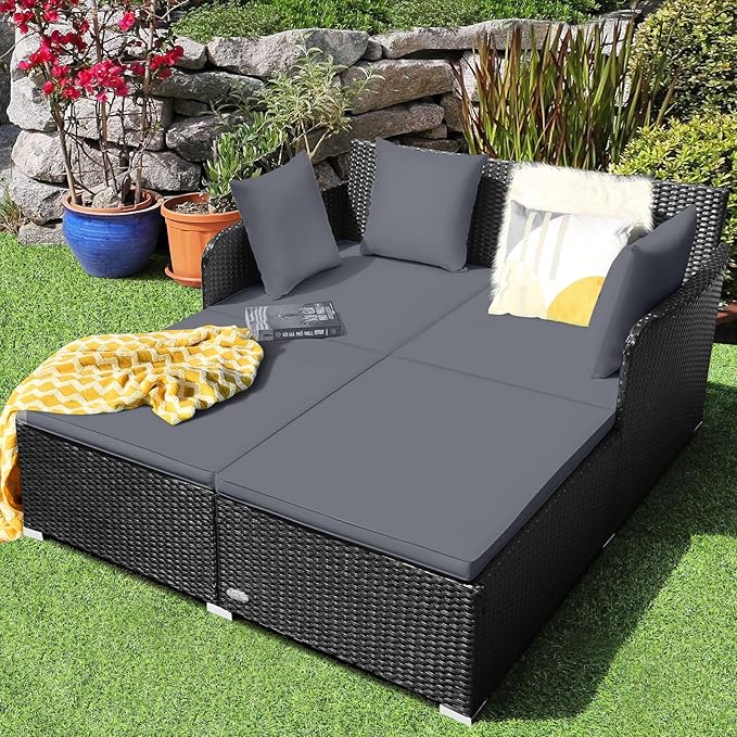 Tangkula Outdoor Rattan Daybed Wicker Furniture with Spacious Seat Upholstered Cushion &amp High-Resilience Sponge Patio Sofa Set with 4 Pillows 2-Person Sunbed for Poolside Backyard Garden &amp