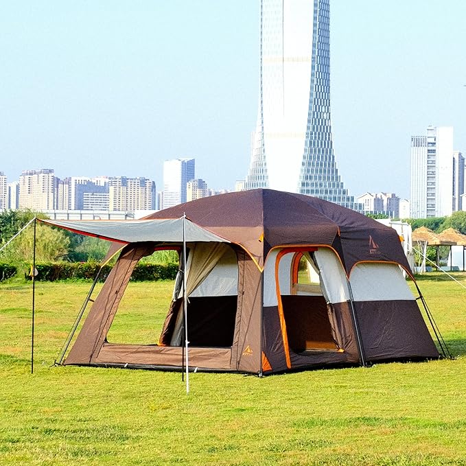 KTT Extra Large Tent 10-12-14 Person(B)Family Cabin Tents2 Rooms3 Doors and 3 Windows with MeshStraight WallWaterproofDouble LayerBig Tent for OutdoorPicnicCampingFamily Gathering