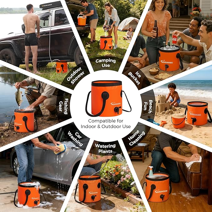 Portable Shower for Camping Rechargeable Shower Pump with LED Display 3-Level Spray Modes Bundled with Collapsible Bucket with Spigot 4 Gallon Portable Foldable Bucket with Handle for Camping