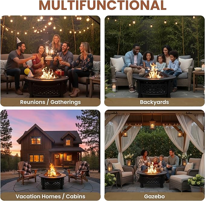 Fire Pit - 32-Inch Outdoor Fireplace with Spark Screen Poker and Cover - Wood-Burning Fire Pit for Yard Patio or Camping by Pure Garden (Bronze)