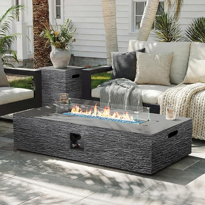 UPHA 56-inch Outdoor Propane Gas Fire Pit Table 50000 BTU Concrete Rectangle FirePit for Outside Patio with Propane Tank Cover Wind Guard Blue Glass Rocks Rain Cover Grey