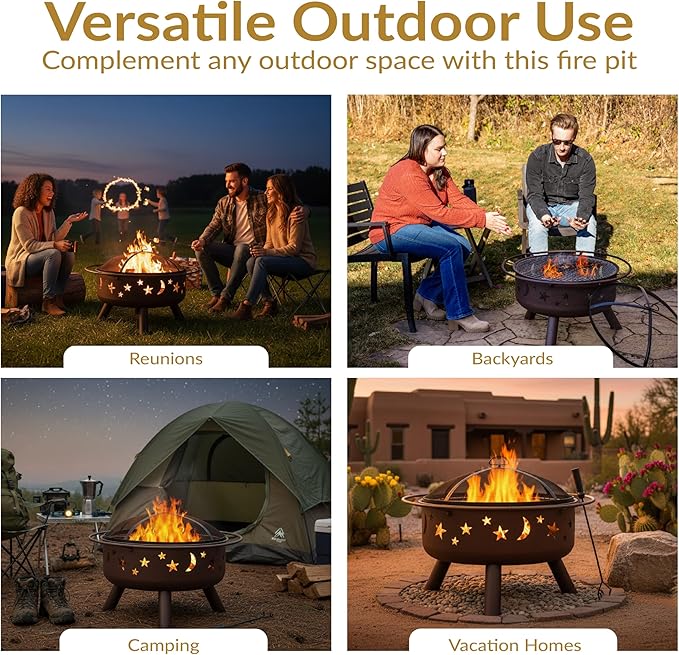 Sunnydaze Cosmic 30-Inch Patio Fire Pit for Outside - Outdoor Wood-Burning Fire Pit with Grill Grate Spark Screen and Fireplace Poker