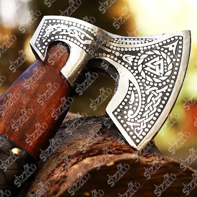 Russian Valknut Wood Viking Style Bearded Axe Tomahawk - Real Hatchet Best Gift for Anniversary Valentine's Day Birthday Premium Leather Sheath with Leather Wrap Handle Perfect Hand Grip
