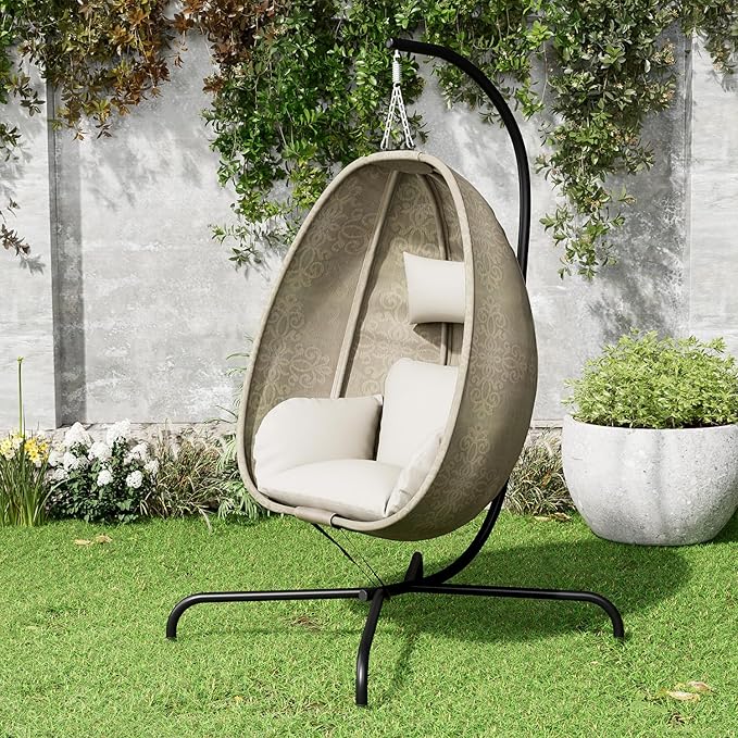 ALAULM Foldable Egg Chair with Stand 485LBS Capacity Textilene Hammock Swing Chair for Outdoor &amp Indoor Patio Hanging Chair with Strong Frame &amp UV Resistant Cushion for Balcony Bedroom Cre