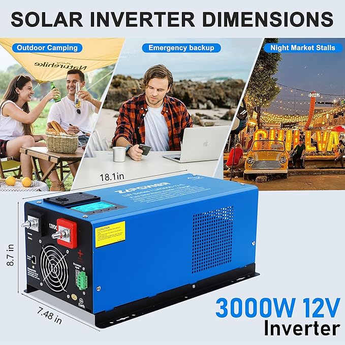 ZLPOWER 3000W 12V Pure Sine Wave Inverter 9000W Surge Single Phase 120V AC Output Off-Grid Low Frequency Inverter with LCD Display &amp Battery Charger for Home RV (LW-3000W-12V-SINGLE)