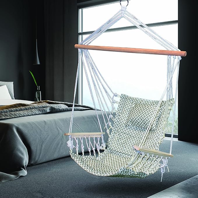 Hammock Chair Hanging Rope Swing *12 Patterns Quality Comfortable and Breathable Fabric - Indoor/Outdoor - Grey Herringbone Pattern