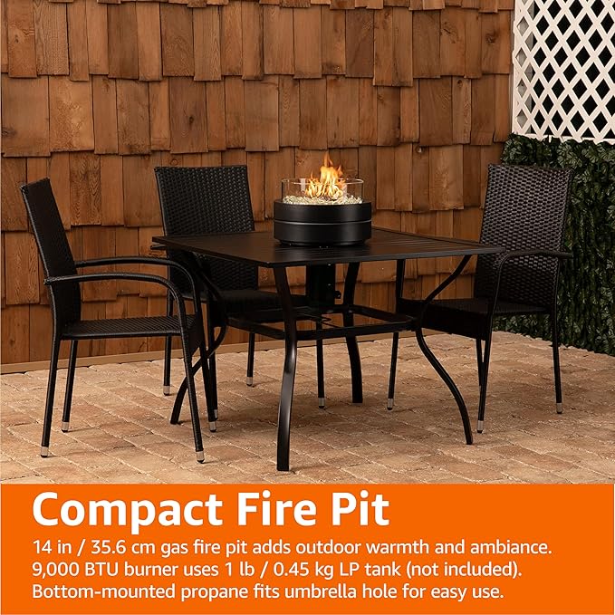 Amazon Basics 14-Inch Round Propane Fire Pit 9000 BTU Portable Tabletop Fireplace with Glass Stones Umbrella Hole Compatible for Outdoor Patio Tables Gas Fire Pit for Dining Brown