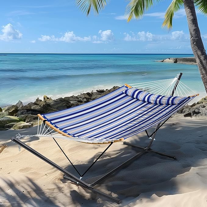 SUPERJARE Hammock with Stand 2 Person Heavy Duty Hammock with Padded Cotton Detachable Pillow &amp Strong Curved-Bar &amp Portable Carrying Bag Perfect for Outdoor &amp Indoor Navy Blue Stripe