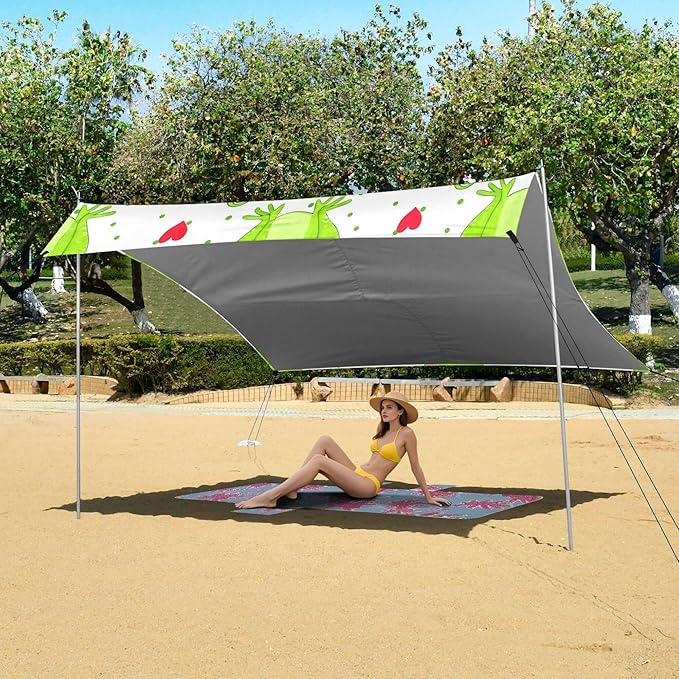 Frog Beach Canopy Sun Shelter with Sandbags &amp Sand Shovel &amp Windproof Ropes - Portable 110x126 Beach Shade Beach Tent for Camping Picnics