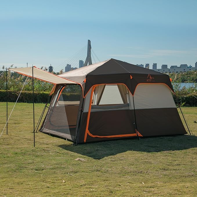 KTT Large Tent 6-8-10-12 PersonFamily Cabin Tents2 Rooms2 Doors and 4 Windows with MeshStraight WallWaterproofDouble LayerBig Tents for OutdoorPicnicCampingFamily Gathering
